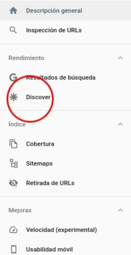 Search Console - Menu Lateral Google Discover