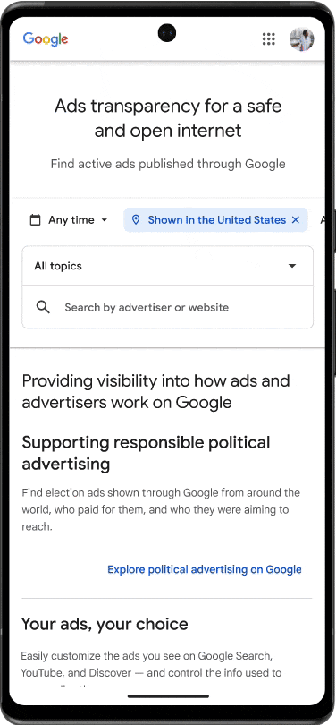 Pesquisa no Centro de Transparência de Anúncios, do Google 