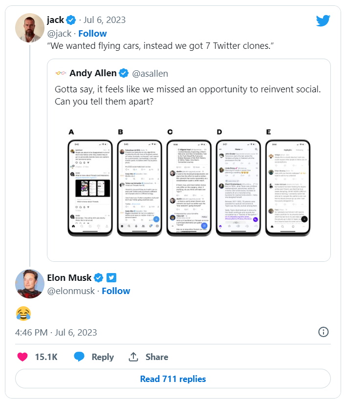 Jack Dorsey e Elon Musk brincaram sobre o surgimento de alternativas ao Twitter.