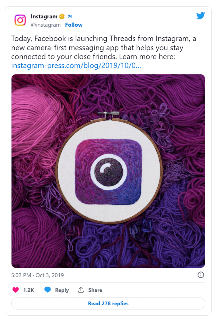 Lançamento em 2019 de um antigo App do Instagram com o nome de Threads.