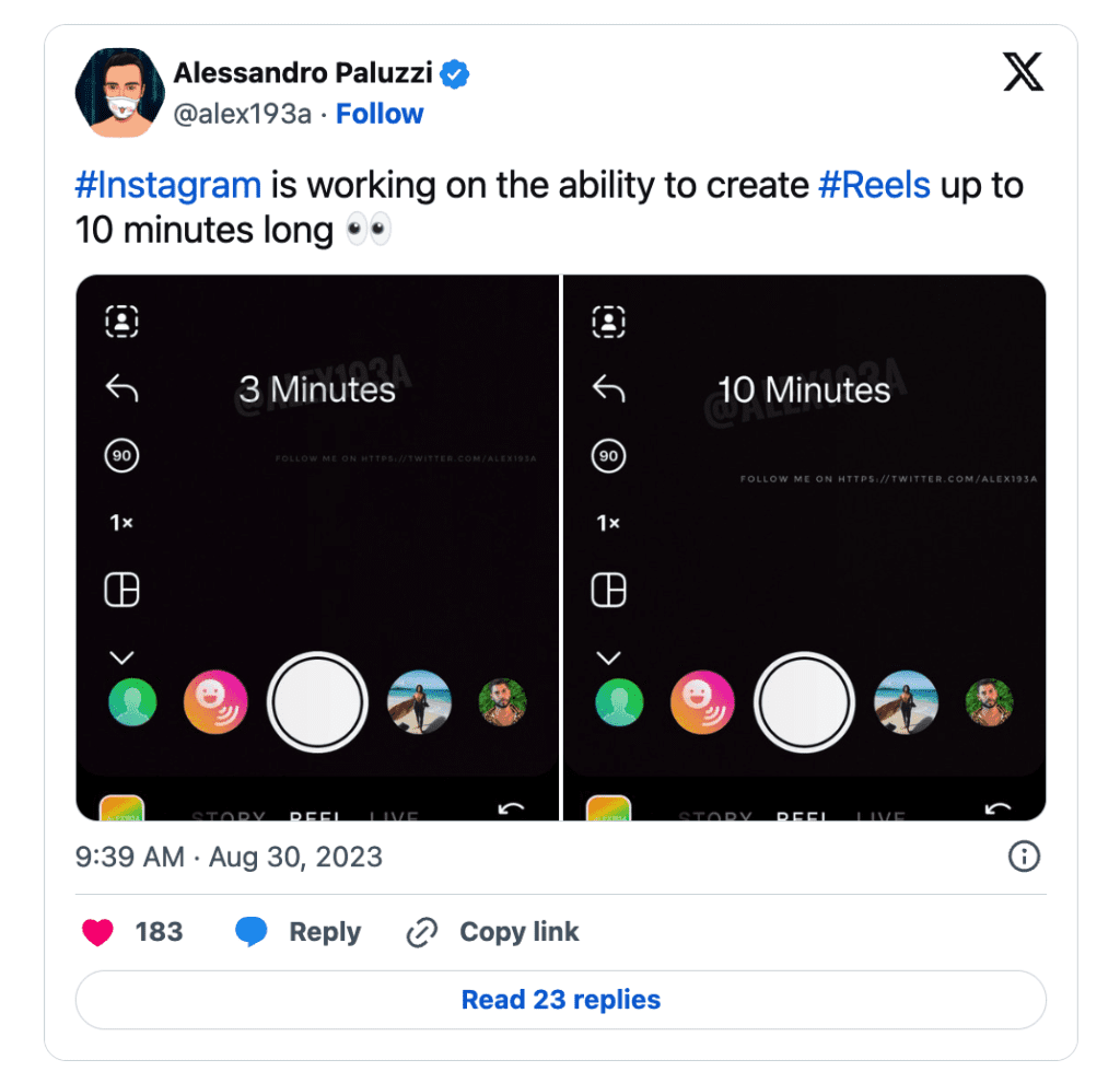 Alessandro Paluzzi compartilha tela de Reels de com até 10 minutos